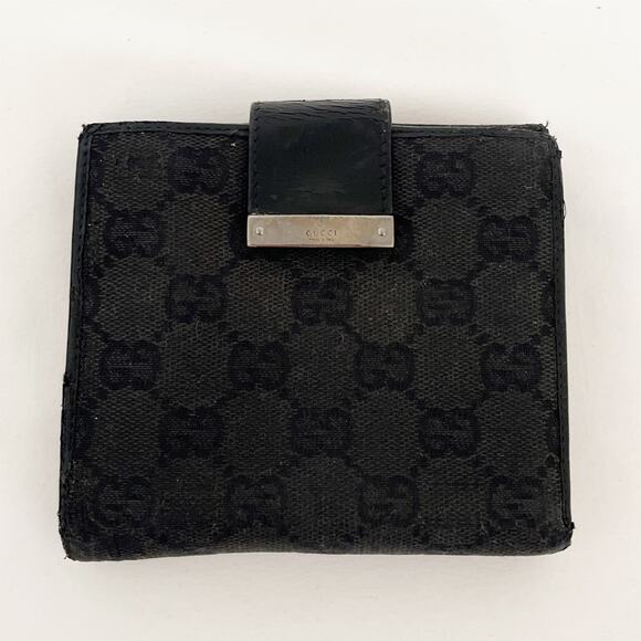 GUCCI Black GG Canvas Bifold French Flap Wallet Canvas Leather Silver Tone - Picture 1 of 12
